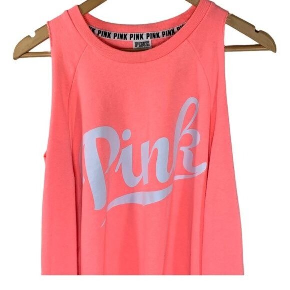 PINK Victoria’s Secret Cold Shoulder Sweatshirt Tank Coral Logo Graphic XS - Picture 2 of 11